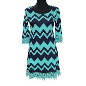 Si Style Zig Zag Bodycon Mini Dress Women’s Small Green Blue Lace Trim
